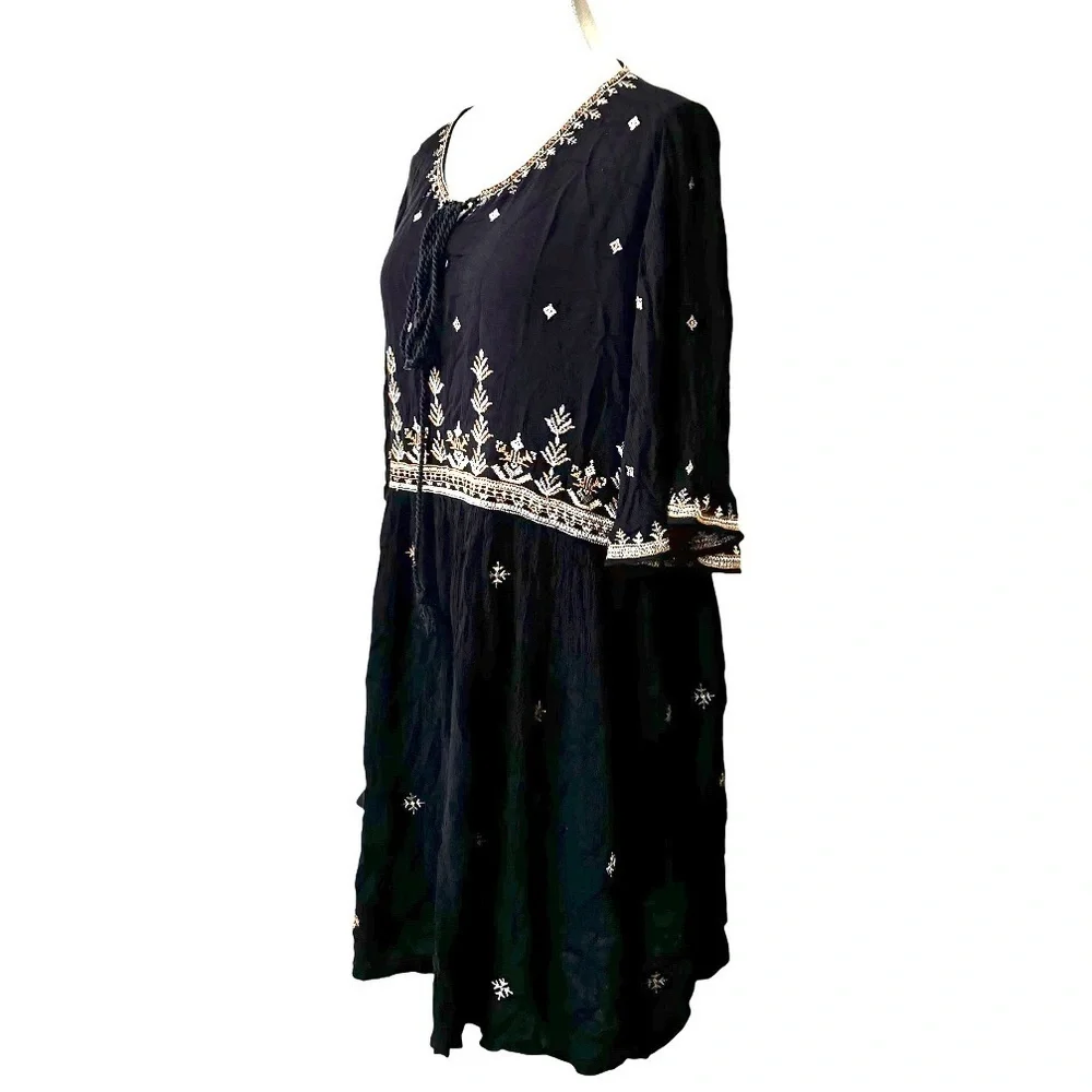Free People Shyannez  Black Sheer Long Sleeve Western Mini Dress Size XL